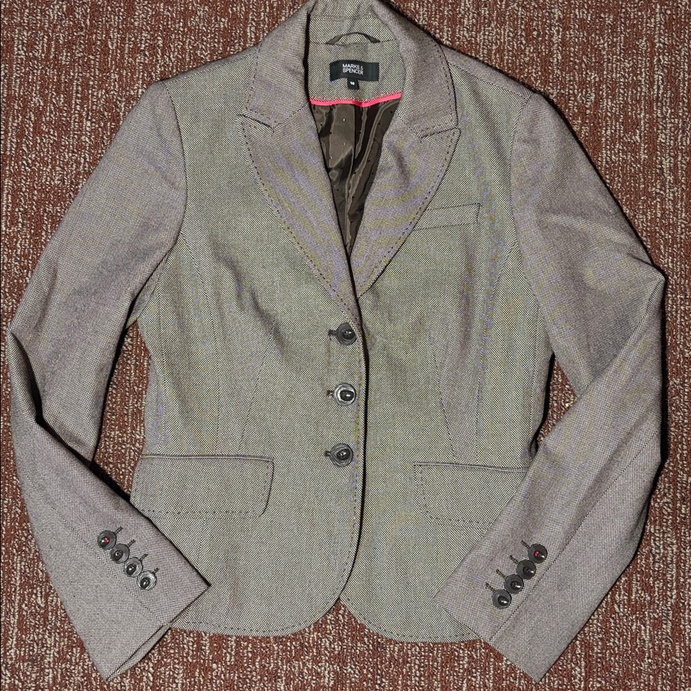Brown/grey cropped fitted blazer tailored short 3 button preppy western collar